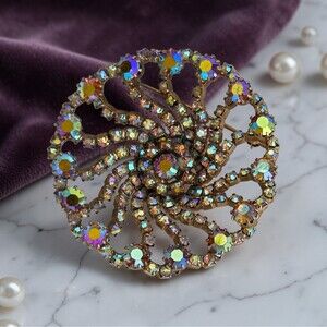 Large Vintage Pinwheel Brooch AB Rhinestones Gold Tone